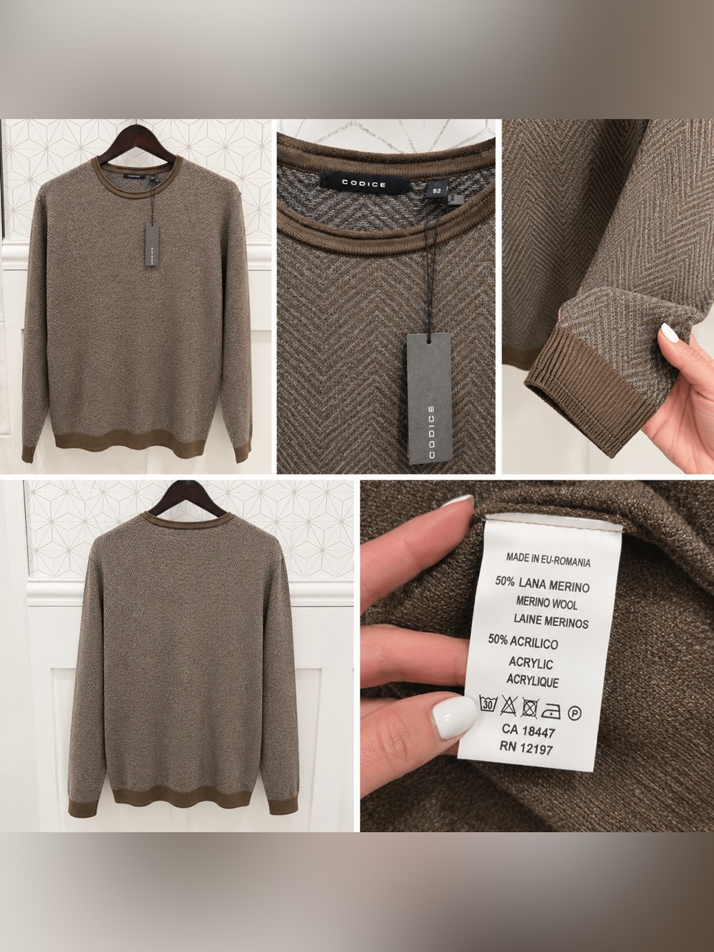 Codice Men’s Merino Wool Blend Herringbone Crewneck Sweater Size 52 / Large NWT